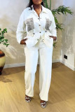 White Casual Solid Color Draw String Pocket Patchwork Turndown Collar Long Sleeve Two Pieces