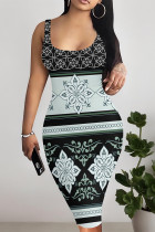 Blue Sexy Plaid Floral Print Contrast U Neck Printed Dresses
