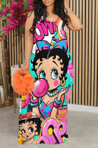 Powder Blue Street Graffiti Print Contrast O Neck Printed Dresses