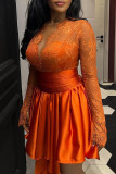Tangerine Elegant Solid Color Lace Patchwork Ruched V Neck A Line Dresses