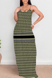 Green Sexy Plaid Floral Print Contrast V Neck Printed Dresses