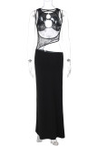 Black Sexy Solid Color Hollow Out Patchwork Long Dresses