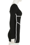 Black Casual Patchwork Contrast U Neck Wrapped Skirt Dresses