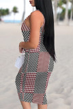 Black Red Sexy Plaid Floral Print Contrast U Neck Printed Dresses