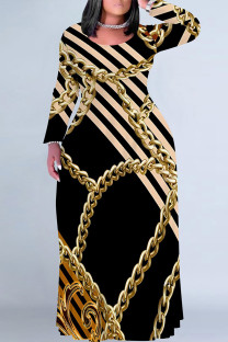 Black Gold Casual Chain print Contrast O Neck Printed Plus Size Dresses