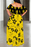 Khaki Sexy Geometric Print Flowers Leopard Ruffle Contrast Off Shoulder Long Dresses