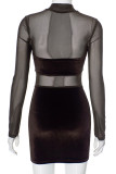 Brown Casual Solid Color Patchwork See-Through Ruched O Neck Wrapped Skirt Dresses