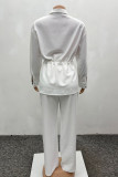 White Casual Solid Color Draw String Pocket Patchwork Turndown Collar Long Sleeve Two Pieces