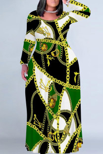 Green Casual Chain print Contrast O Neck Printed Plus Size Dresses