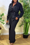 White Casual Solid Color Draw String Pocket Patchwork Turndown Collar Long Sleeve Two Pieces