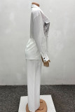 White Casual Solid Color Draw String Pocket Patchwork Turndown Collar Long Sleeve Two Pieces