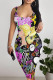 Black Sexy Graffiti Print Cartoon Contrast U Neck Printed Dresses