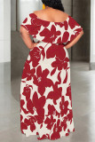 Blue Casual Floral Print Stripe Ruffle Contrast Off Shoulder Long Dresses
