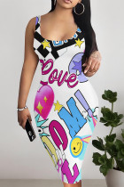 Rose Red Sexy Graffiti Print Cartoon Contrast U Neck Printed Dresses