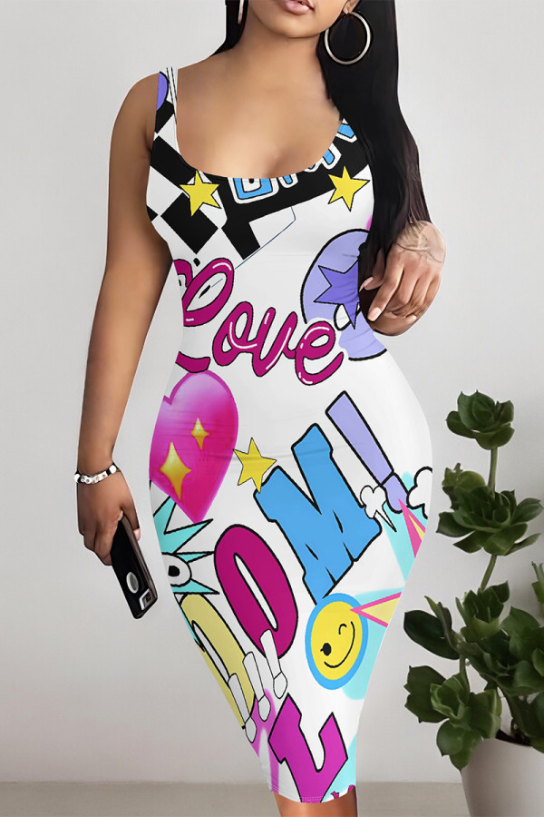 Rose Red Sexy Graffiti Print Cartoon Contrast U Neck Printed Dresses