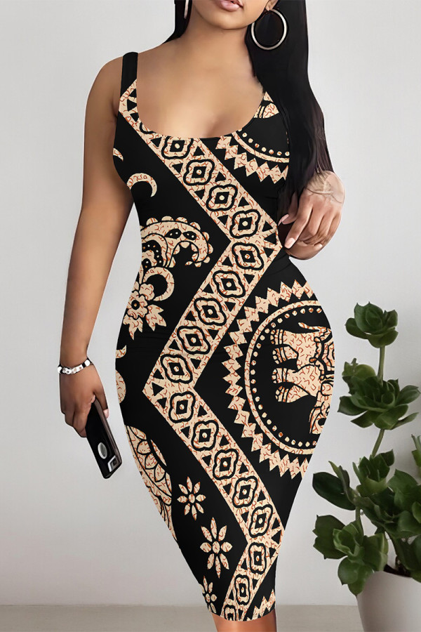 Black Sexy Plaid Floral Print Contrast U Neck Printed Dresses