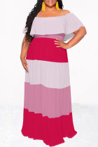 Rose Red Casual Floral Print Stripe Ruffle Contrast Off Shoulder Long Dresses