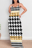 Green Sexy Plaid Floral Print Contrast V Neck Printed Dresses