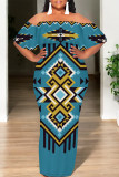 White Street National Totem Print Ruffle Contrast Off Shoulder Long Dresses