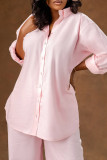 Pink Casual Solid Color Buckle Patchwork Turndown Collar Long Sleeve Two Pieces
