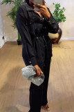 White Casual Solid Color Draw String Pocket Patchwork Turndown Collar Long Sleeve Two Pieces
