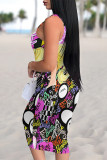 Rose Red Sexy Graffiti Print Cartoon Contrast U Neck Printed Dresses