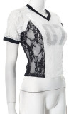 White Casual Letters Lace Hot Drill V Neck T-Shirts
