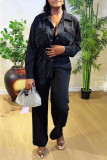 White Casual Solid Color Draw String Pocket Patchwork Turndown Collar Long Sleeve Two Pieces