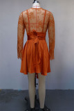 Tangerine Elegant Solid Color Lace Patchwork Ruched V Neck A Line Dresses