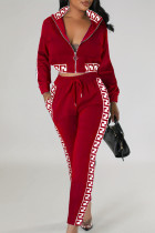 Burgundy Casual Geometric Print Pocket Patchwork Zipper Zipper Collar Long Sleeve Two Pieces