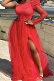 Green Elegant Solid Color High Slit Mesh Oblique Collar Long Plus Size Dresses