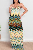 Green Yellow Sexy Geometric Print Contrast V Neck Printed Dresses