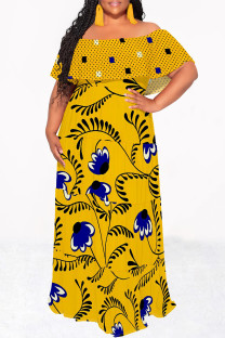 Yellow Casual Floral Print Stripe Ruffle Contrast Off Shoulder Long Dresses