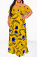 Yellow Casual Floral Print Stripe Ruffle Contrast Off Shoulder Long Dresses