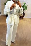 White Casual Solid Color Draw String Pocket Patchwork Turndown Collar Long Sleeve Two Pieces