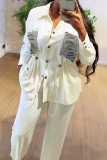 White Casual Solid Color Draw String Pocket Patchwork Turndown Collar Long Sleeve Two Pieces