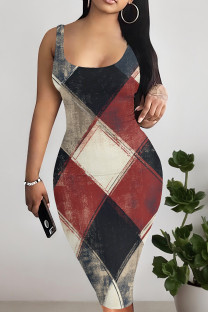 Red White Casual Print Patchwork U Neck Wrapped Skirt Dresses