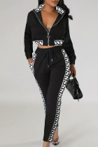 Black Casual Geometric Print Pocket Patchwork Zipper Zipper Collar Long Sleeve Two Pieces