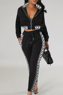 Black Casual Geometric Print Pocket Patchwork Zipper Zipper Collar Long Sleeve Two Pieces