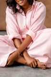 Pink Casual Solid Color Buckle Patchwork Turndown Collar Long Sleeve Two Pieces