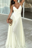 Apricot Elegant Solid Color Patchwork Backless V Neck Long Dresses