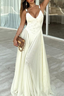 Apricot Elegant Solid Color Patchwork Backless V Neck Long Dresses