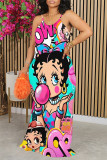 Pink Yellow Street Graffiti Print Contrast O Neck Printed Dresses