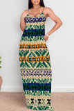 Green Yellow Sexy Geometric Print Contrast V Neck Printed Dresses