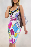 Rose Red Sexy Graffiti Print Cartoon Contrast U Neck Printed Dresses
