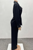 White Casual Solid Color Draw String Pocket Patchwork Turndown Collar Long Sleeve Two Pieces