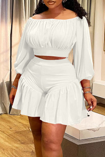 White Casual Solid Color Patchwork Off Shoulder Plus Size Two Pieces