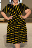 White Casual Floral Print Polka Dot Stripe Ruffle Contrast O Neck Printed Plus Size Dresses