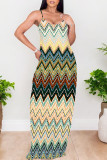 Green Yellow Sexy Geometric Print Contrast V Neck Printed Dresses