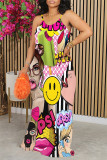 Pink Yellow Street Graffiti Print Contrast O Neck Printed Dresses